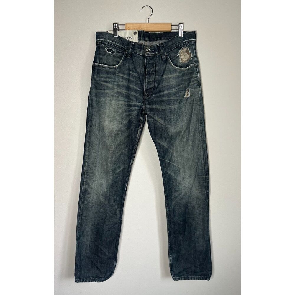 MORRISON Men's Dark Wash Distressed Patchwork Straight Leg Jeans Size 31 Waist
